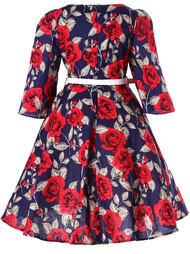 Bonny Billy Little Girls Dresses for Baby Casual Outfits with Belt 3-4 Years Floral Red - Image 3